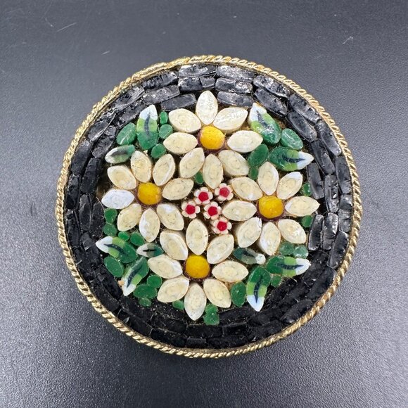Vintage Italian Micro Mosaic Brooch Pin Daisy Flowers Gold Tone White Black - Picture 2 of 8